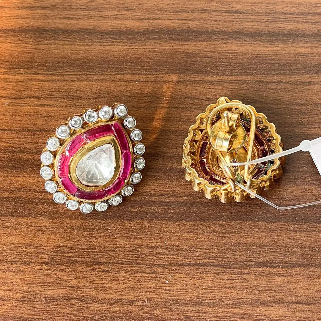 Royal Ruby Red Polki Drop Earrings - 22K Gold Plated, 92.5 Pure Silver Base