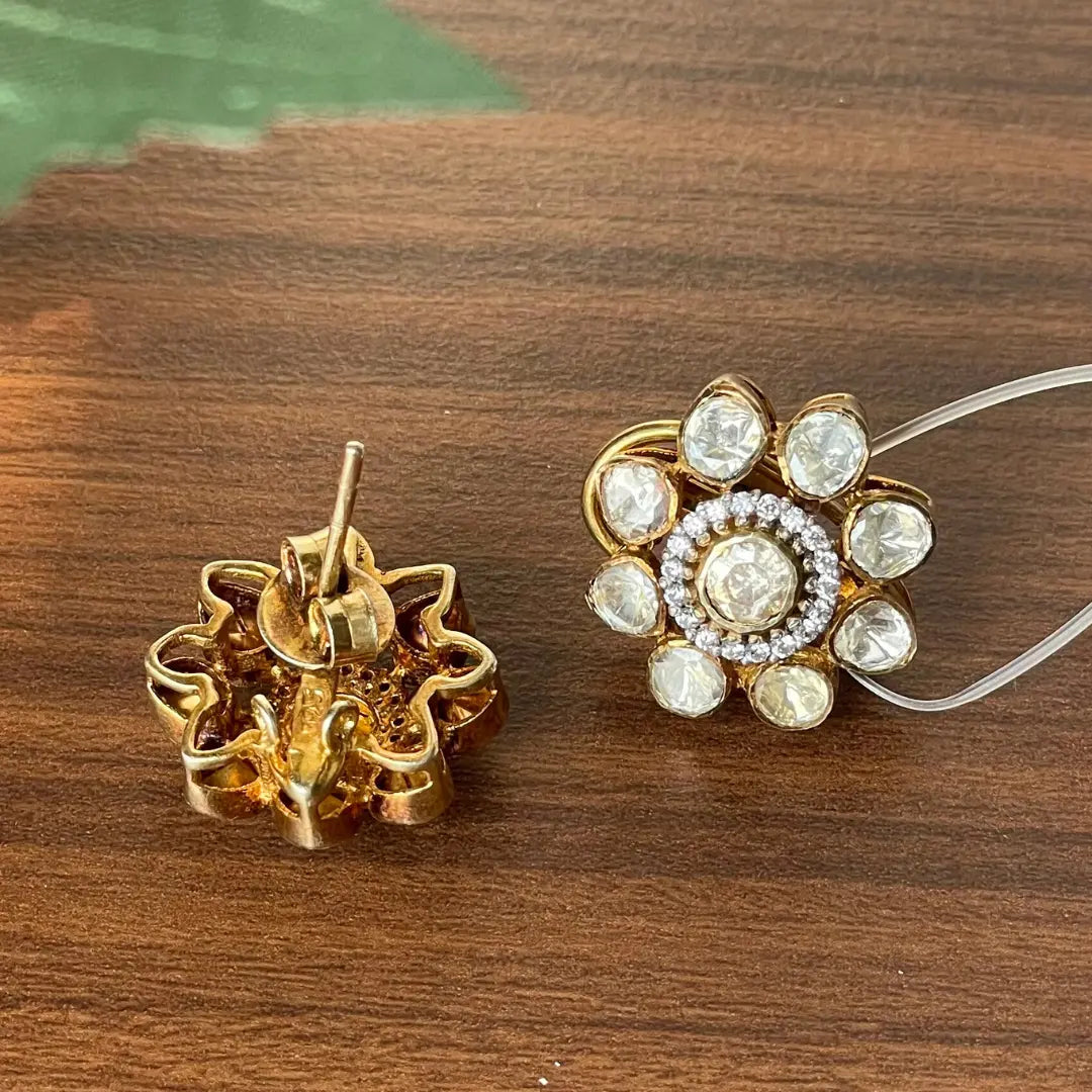 Minimal Floral Polki Earrings - 22K Gold Plated, 92.5 Pure Silver Base