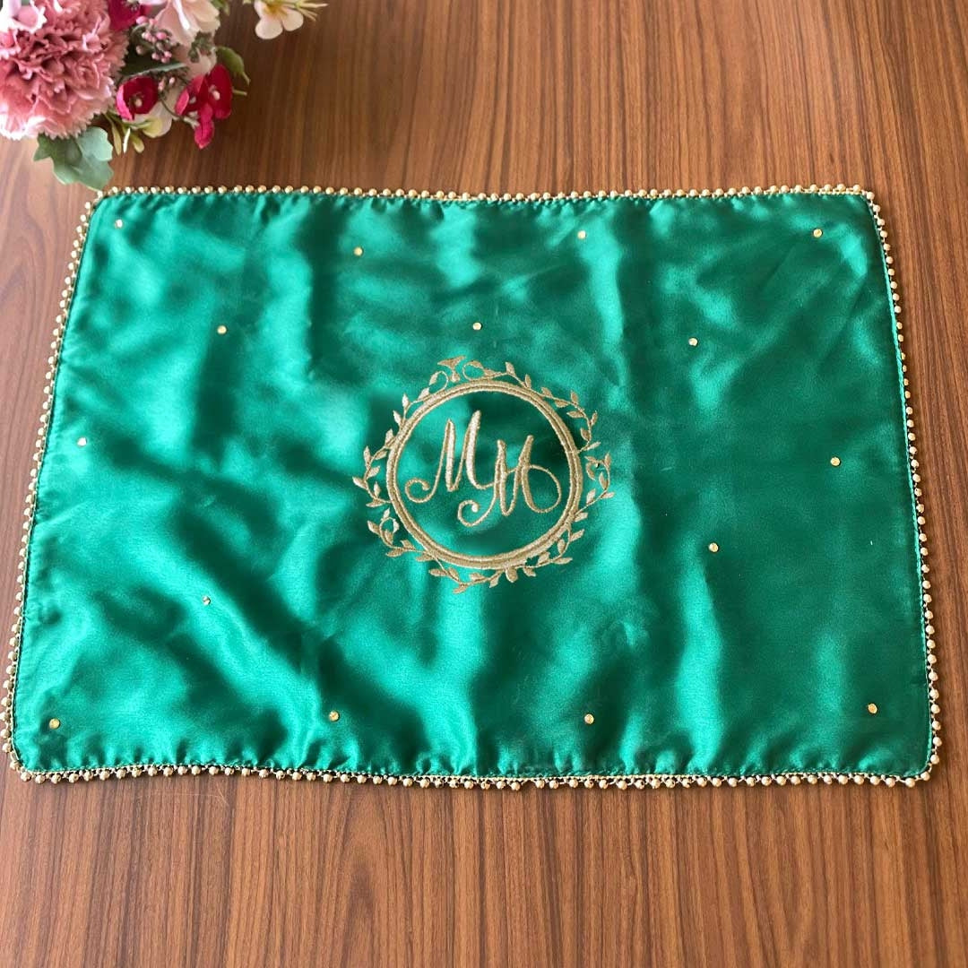 Green Rectangular Placement Mats With Golden Bead Border - Customize Hashtags