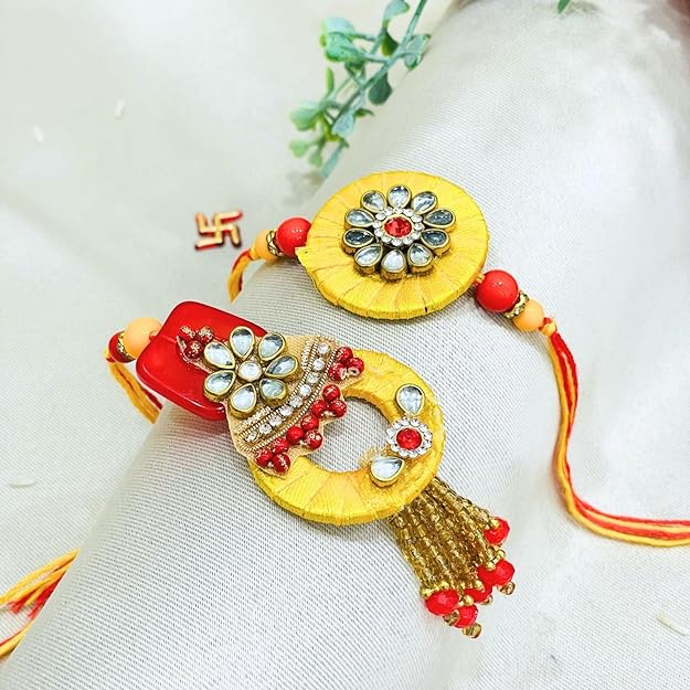 Yellow Thread & Red Stone Bhaiya-Bhabhi Rakhi – Classy & Trendy Design