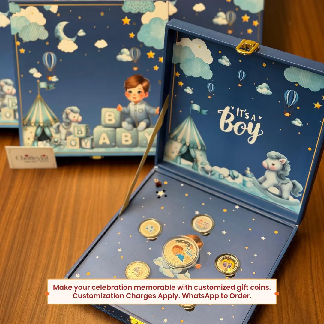 Musical Baby Boy Coin Box, UV Printed, Round Shape, Set of 5 Coins, (2.5 Gram Each), 999 Purity - Ready To Ship