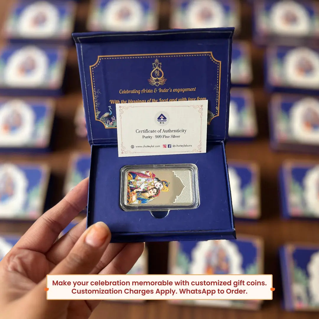 Shri Radha Krishna Ji, UV Printed, Bar Shape, Single (10 Gram), 999 Purity Silver Coin - Ready To Ship