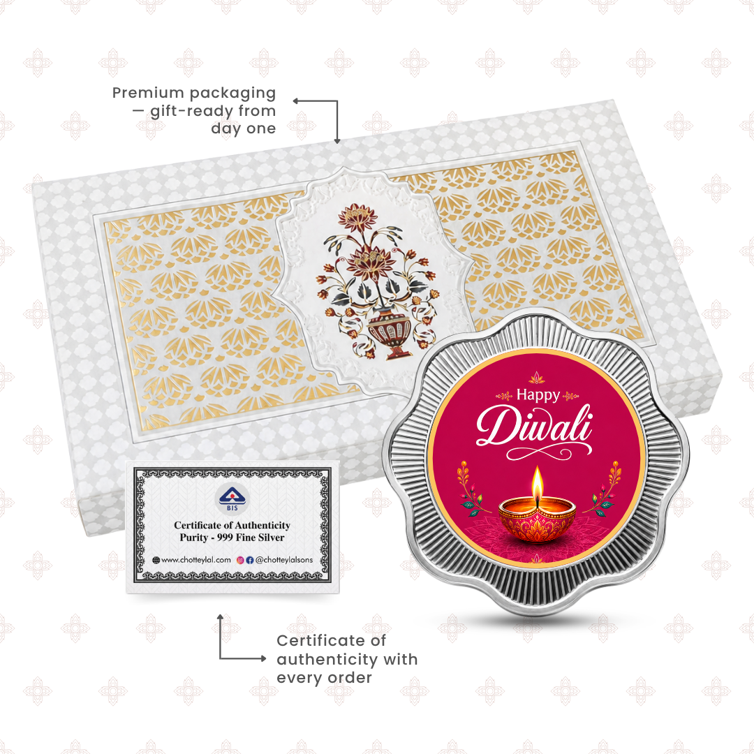 20g Flower Shape Silver Coin with Happy Diwali Print