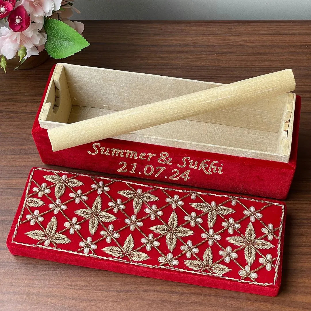 Premium Red Velvet Bridal Choora Box | Bangle Box With Floral Design - Rectangle