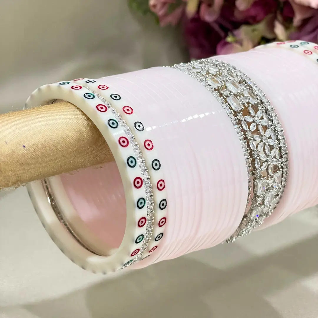 Contemporary Baby Pink Punjabi Chooda with AD Bangles