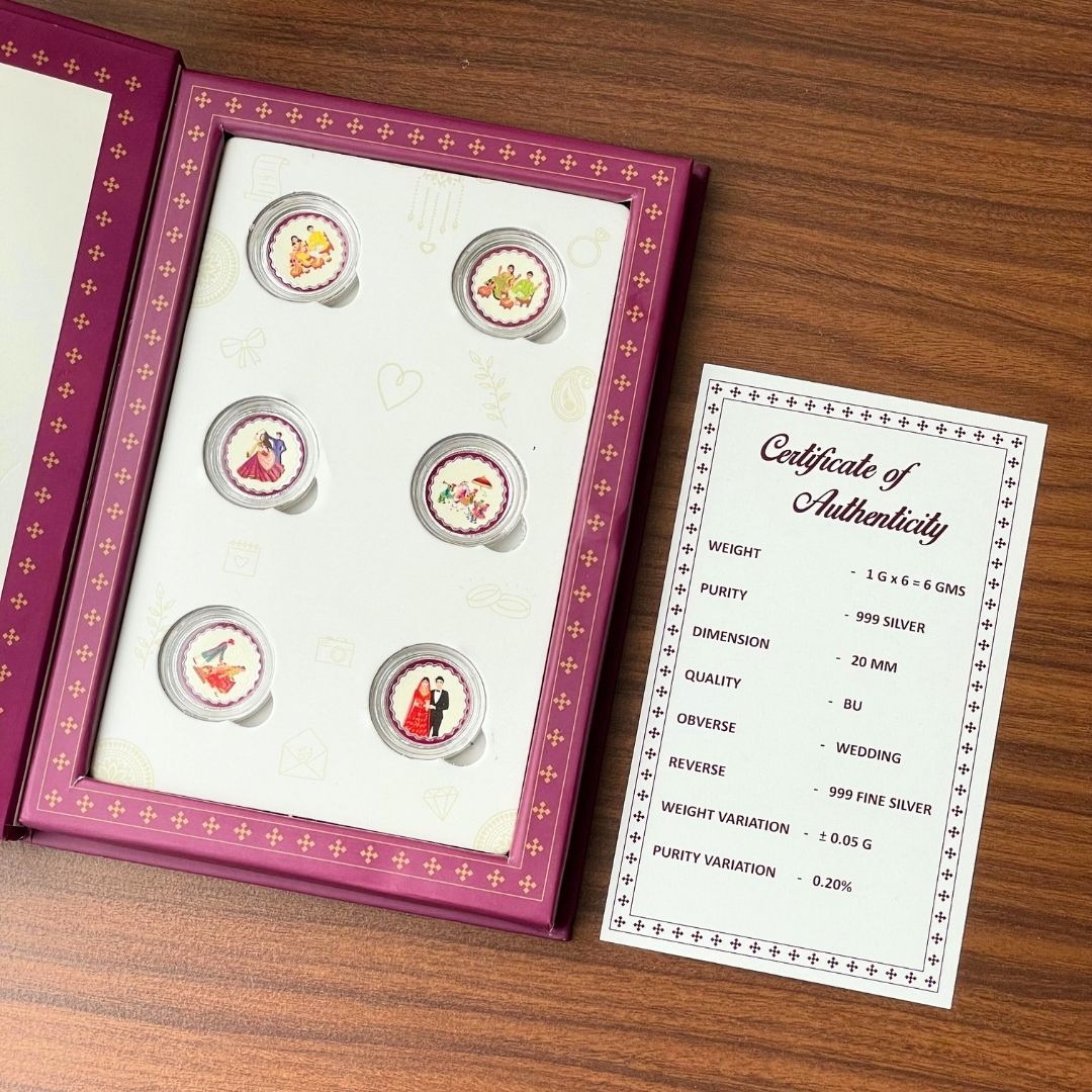 SubhVivah, Silver, Red Folder Box, 6 Coins (1 GM Each), 999 Purity Silver Coins