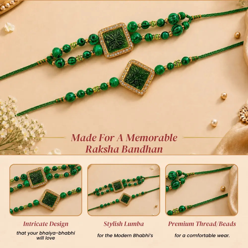 Traditional Green Stone Pair Rakhi - For Bhaiya Bhabhi