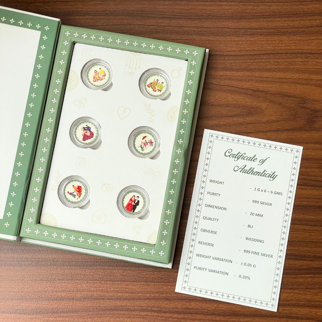 SubhVivah, Silver, Green Folder Box, 6 Coins (1 GM Each), 999 Purity Silver Coins