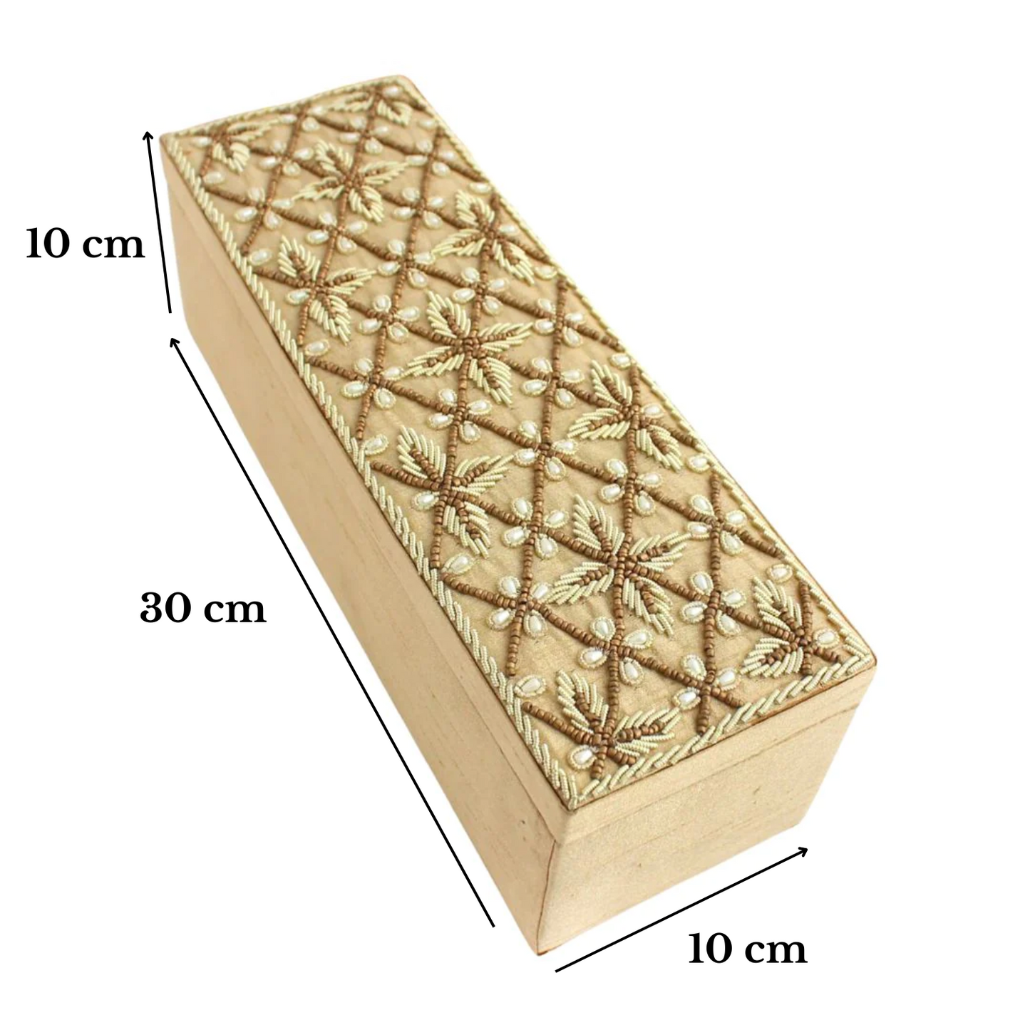 Velvet Ivory/Beige Hand Embroidered Chura Box | Bangle Box - Rectangle