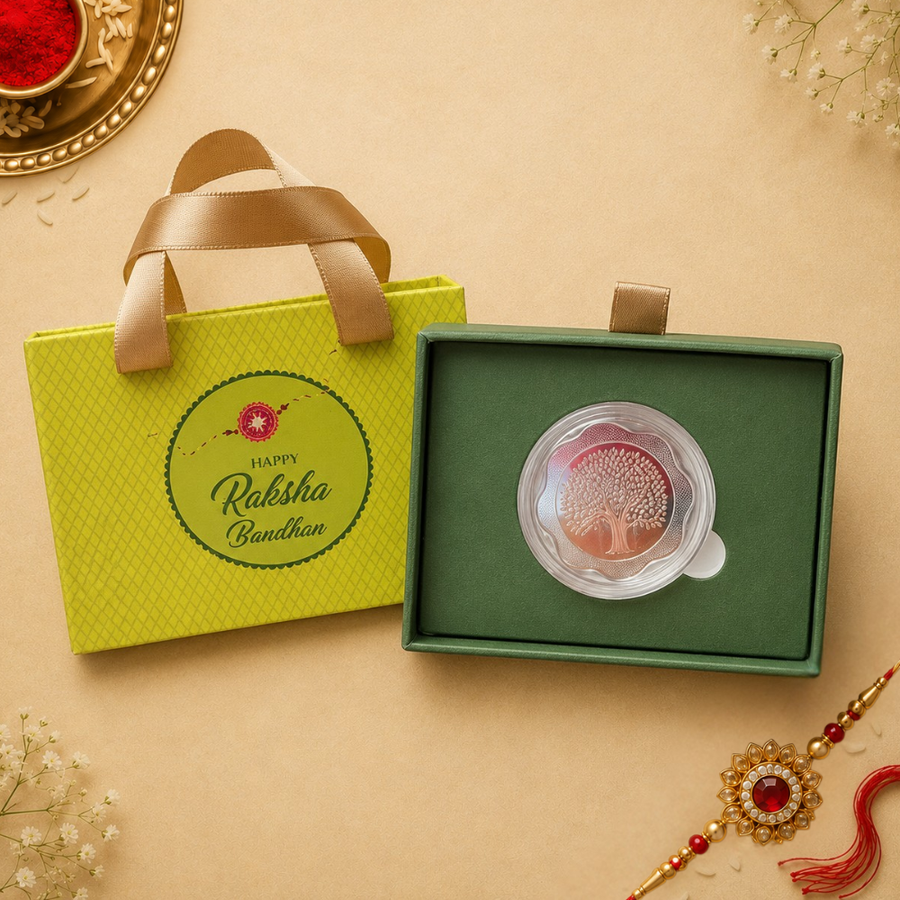 Evergreen Love Banyan Tree Rakhi Gift – Rose Gold Floral 10g Silver Coin