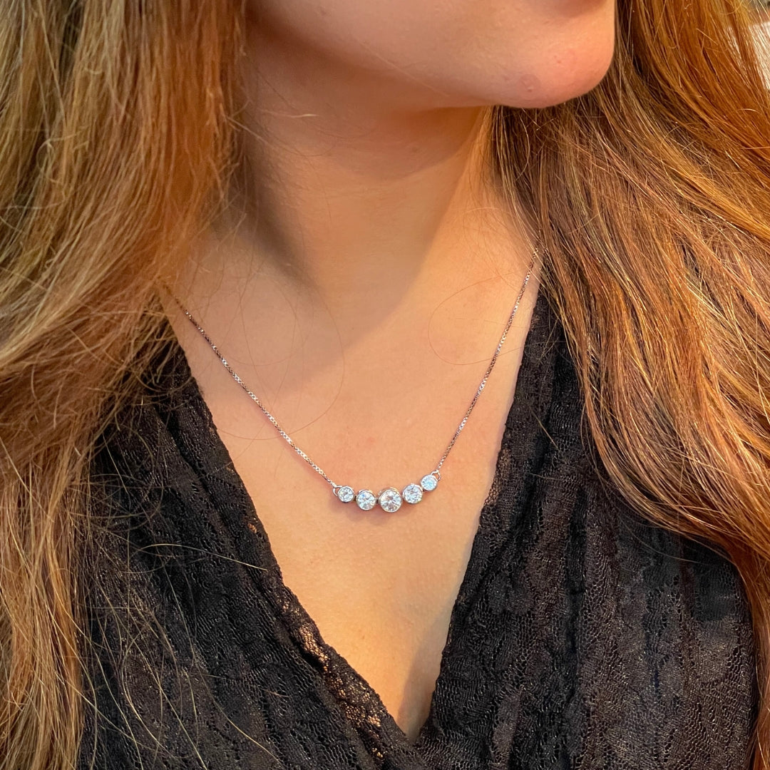 Round-Cut Solitaire Pendant with Five Stones and Box Chain - 925 Sterling Silver