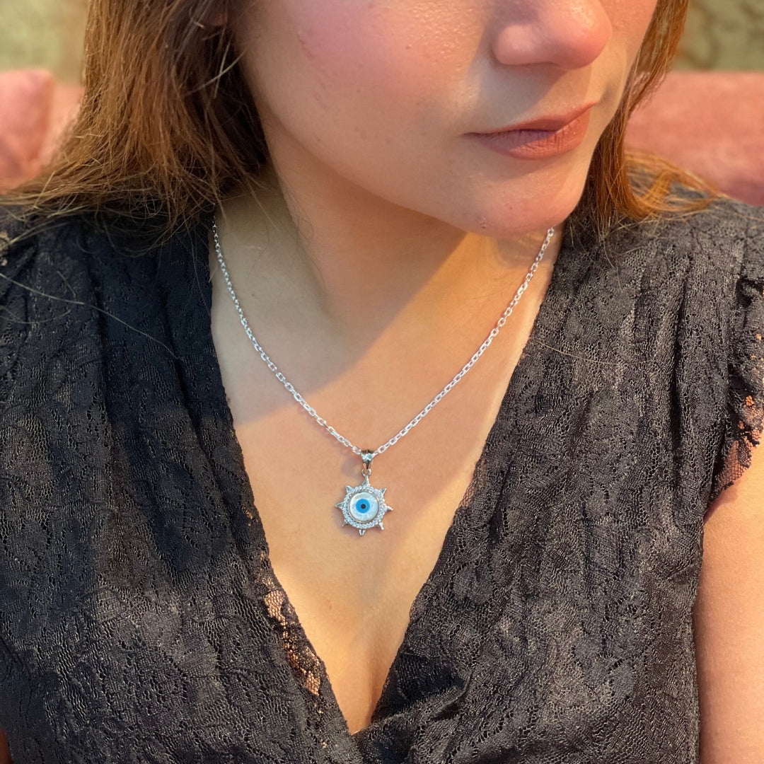 Harmony Evil Eye Solitaire Pendant with Box Chain - 925 Sterling Silver