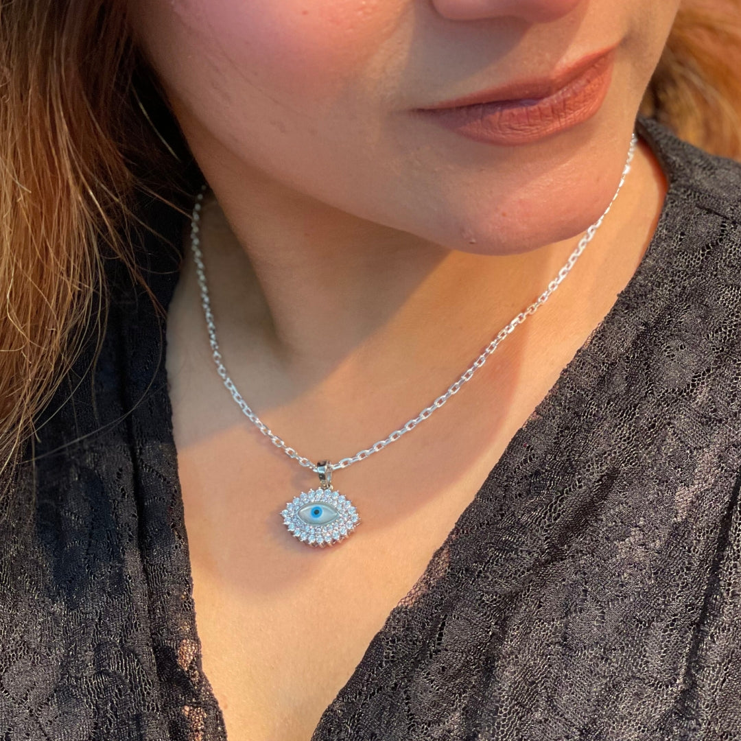 Evil Eye Pendant with Stones and Box Chain - 925 Sterling Silver