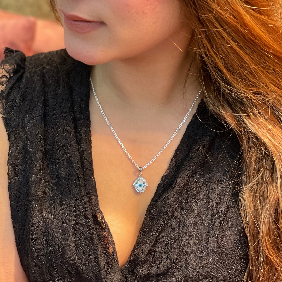 Astral Hand Evil Eye Pendant with Box Chain - 925 Sterling Silver