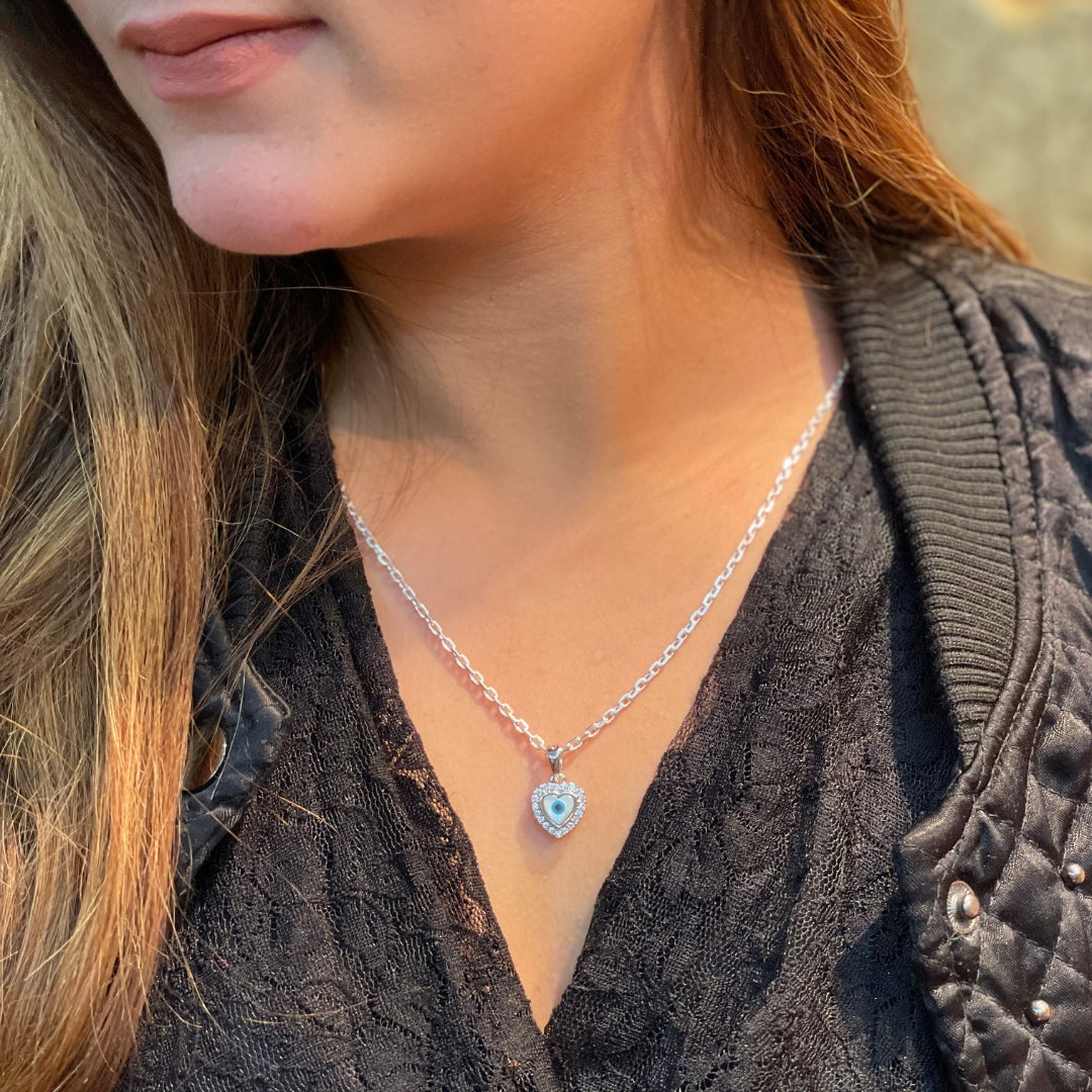 Heart-Shaped Evil Eye Pendant with Box Chain - 925 Sterling Silver