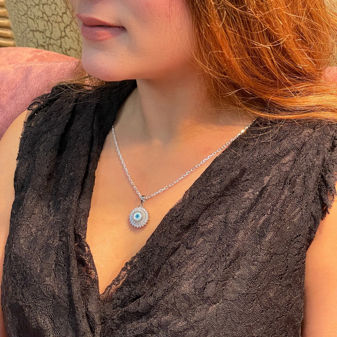 Round Evil Eye Charm with Stones Pendant with Box Chain - 925 Sterling Silver