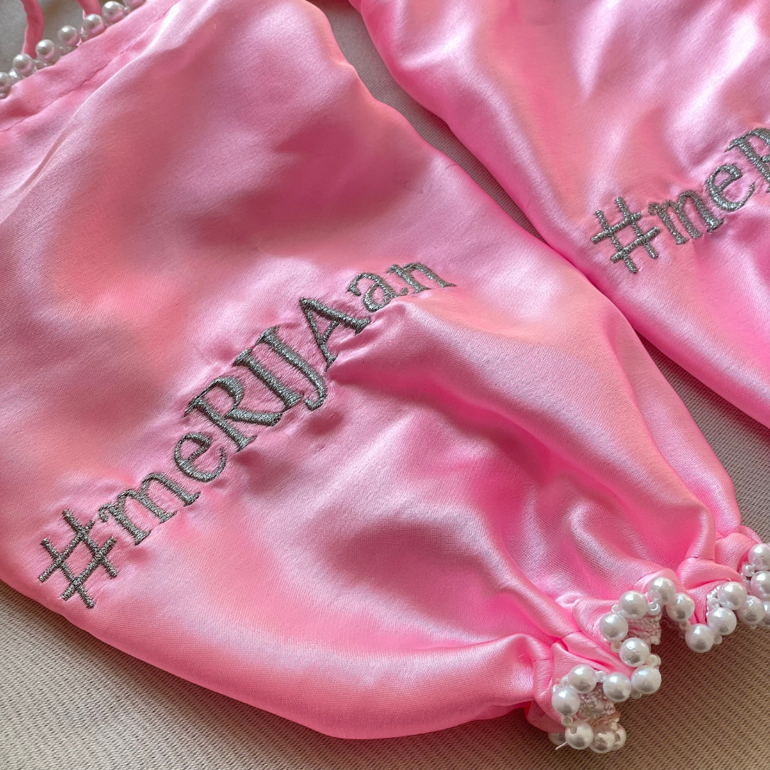 Customisable Parineeti Chopra Inspired Baby Pink Satin Chooda Cover With Hashtag & Pearl Beads