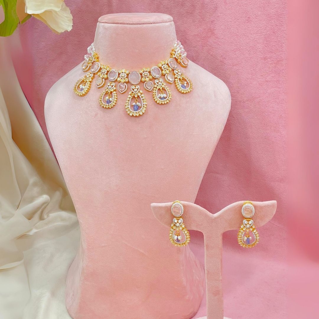 Opulent Polki Necklace Set - 22K Gold Plated, 92.5 Silver