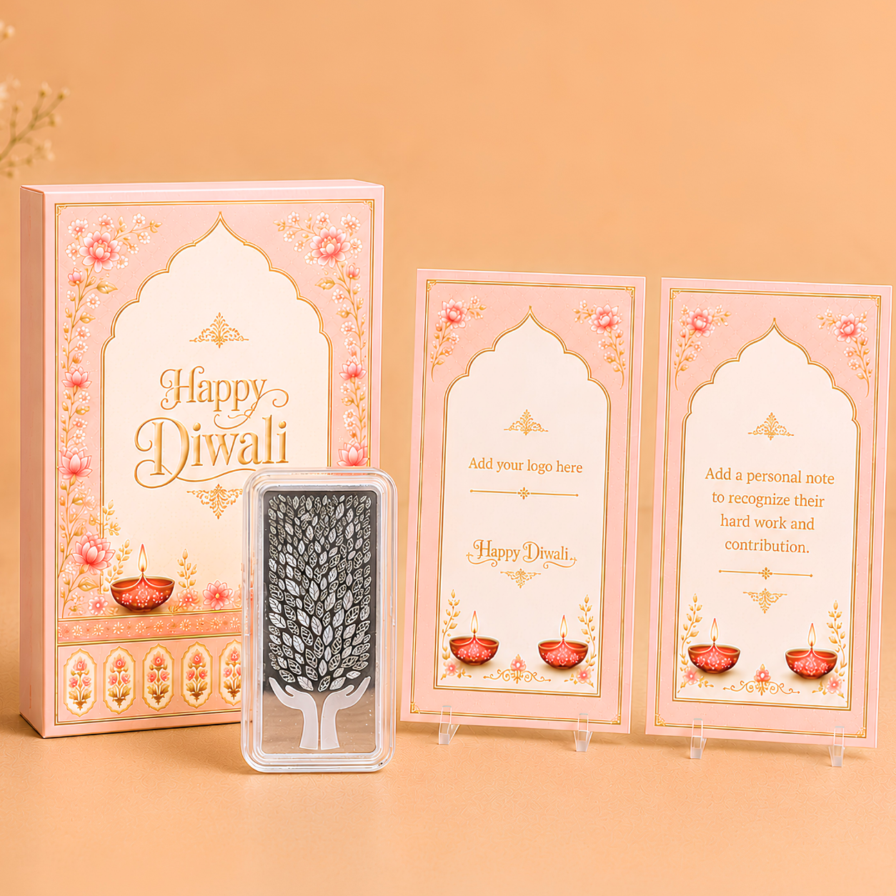Happy Diwali, Leaf In Hand, 100g Silver Bar - Add Logo/Message