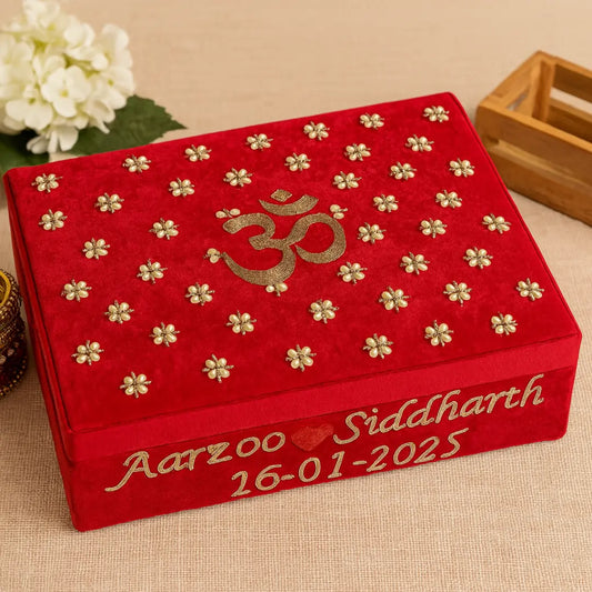 Dark Red Velvet Chooda Box With Bead Work - Customize Om/Ek Onkar Logo, Names, Dates, Hashtags Or Initials