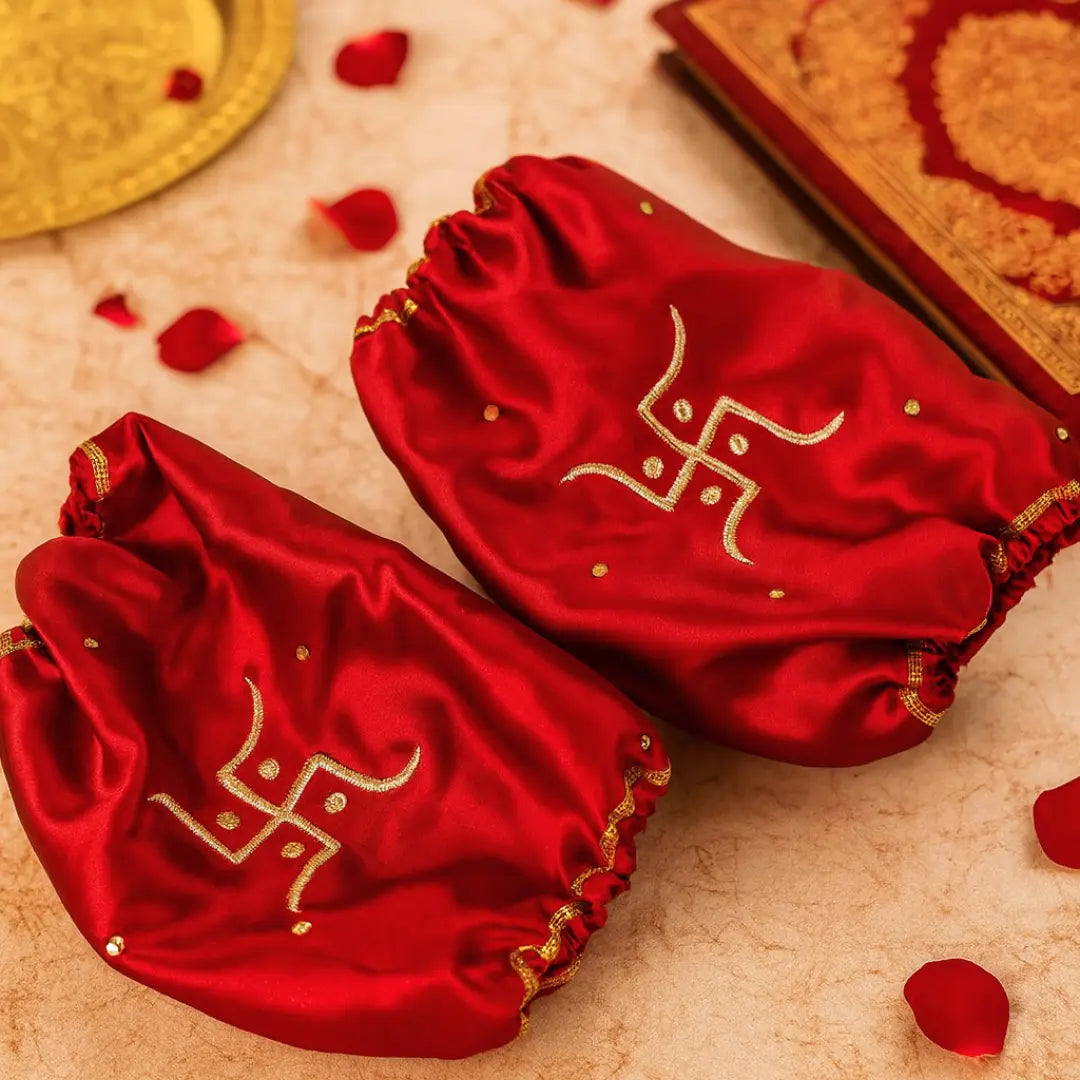 Red Satin Chooda Cover With Swastik Design Embroidered