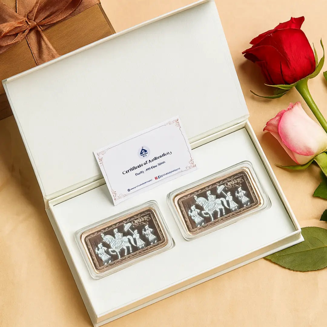 Baraati Design, Rose Gold Finish, Dollar Shape, Set Of 2 Coins (20 Gram Each), 999 Purity, White Box - Ready To Ship