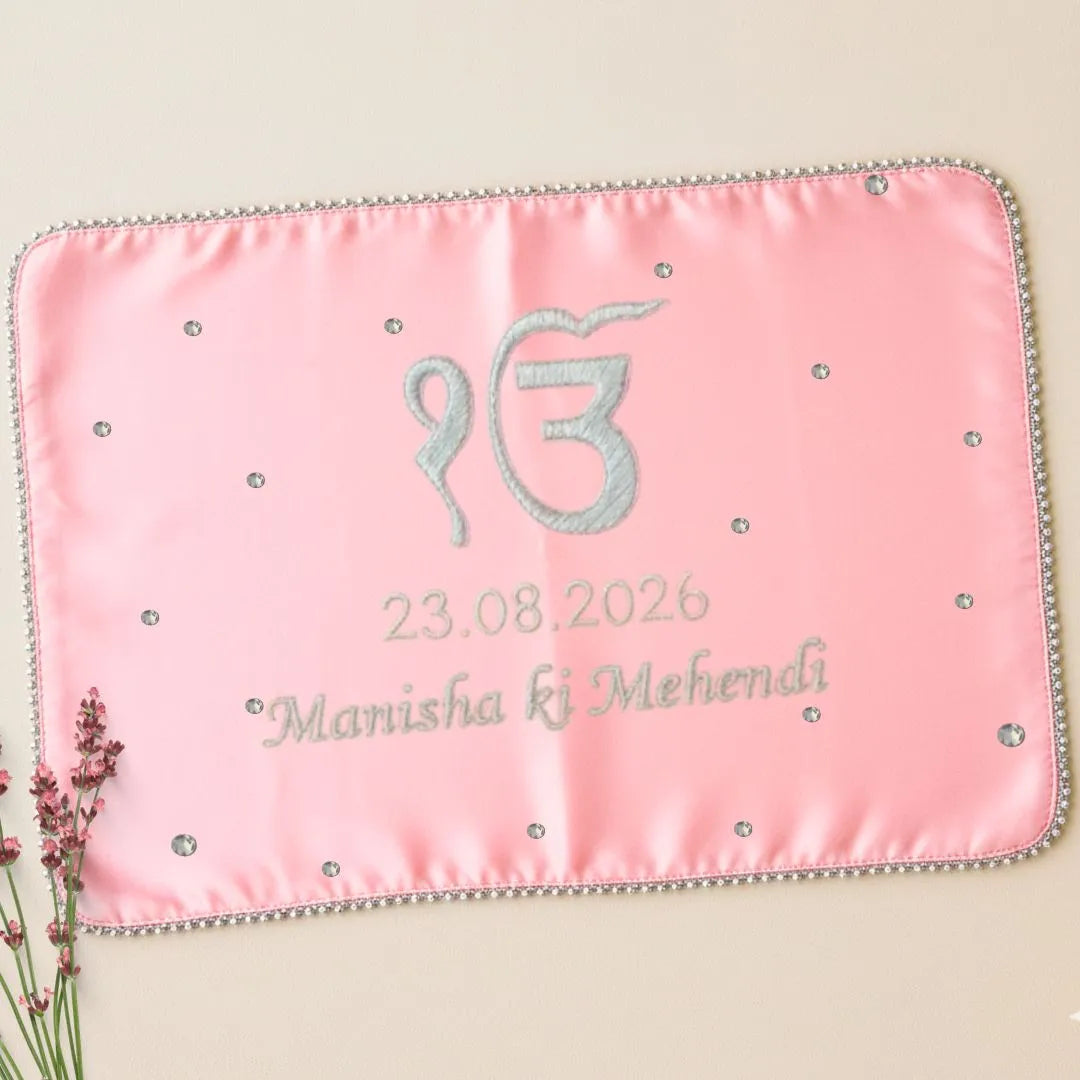 Baby Pink Ik Onkar Motif Mehendi Mat With 2 Line Text