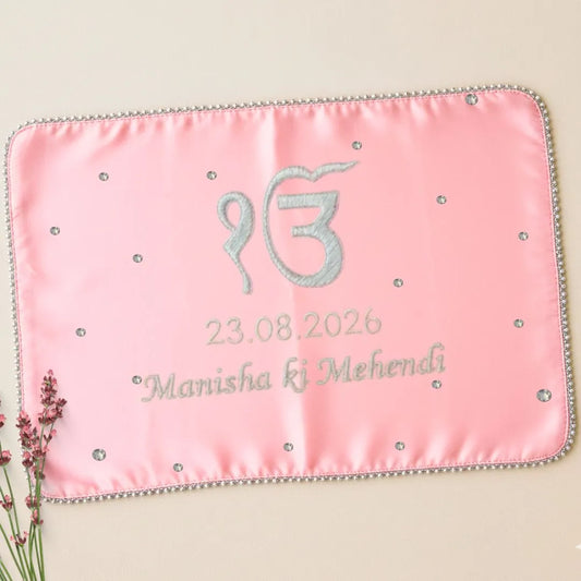 Baby Pink Ik Onkar Motif Mehendi Mat With 2 Line Text