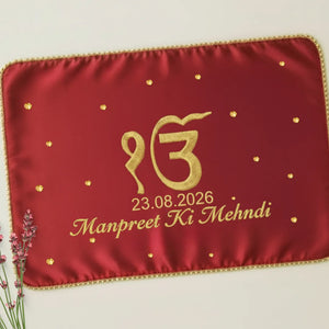 Red Ik Onkar Motif Mehendi Mat With 2 Line Text