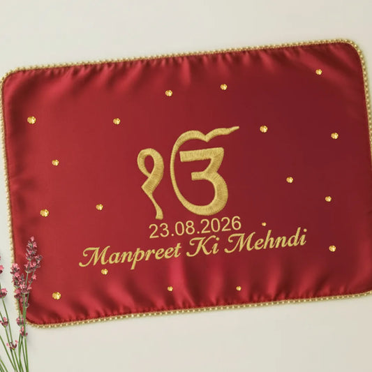 Red Ik Onkar Motif Mehendi Mat With 2 Line Text
