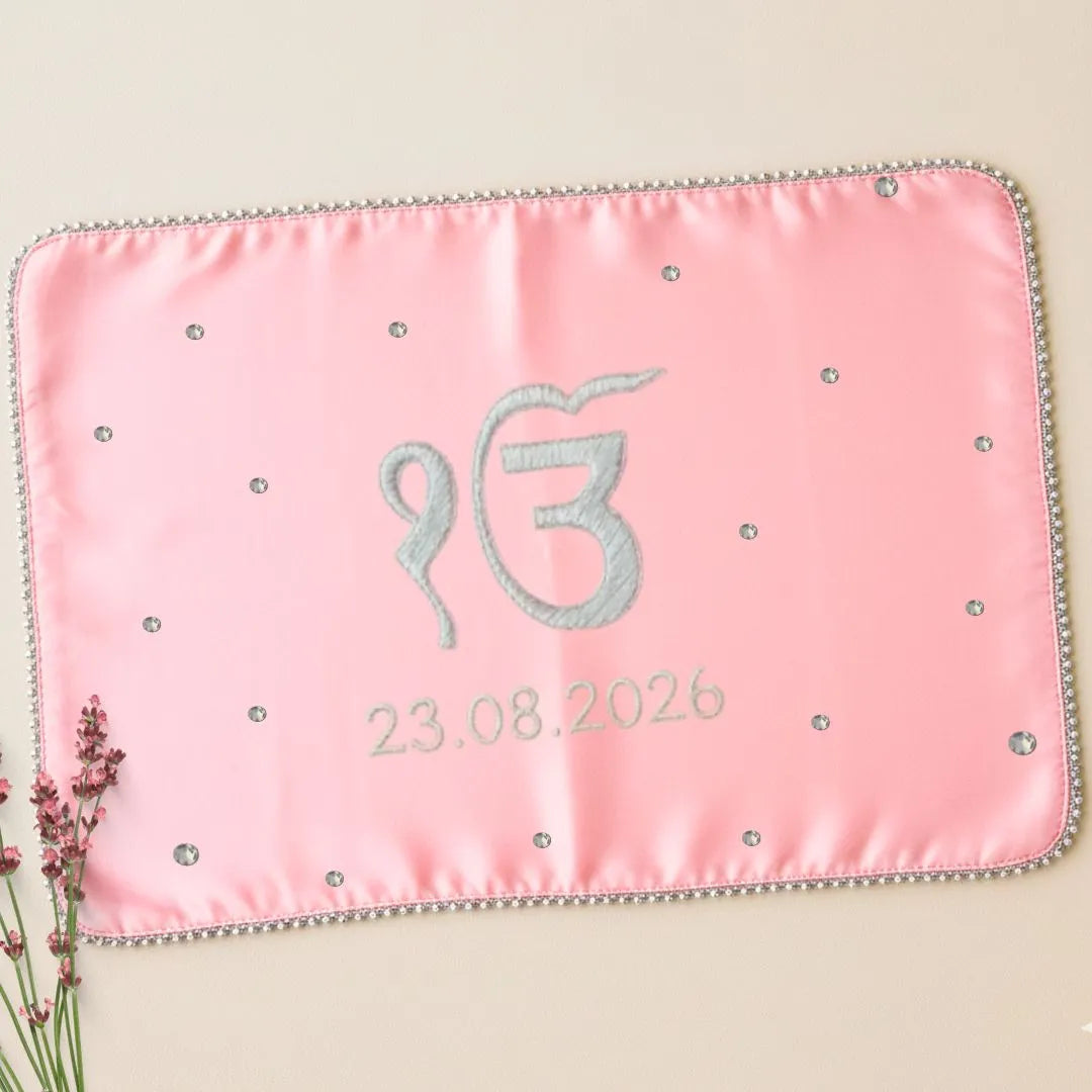 Baby Pink Ik Onkar Motif Mehendi Mat With 1 Line Text