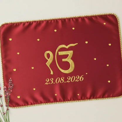 Red Ik Onkar Motif Mehendi Mat With 1 Line Text