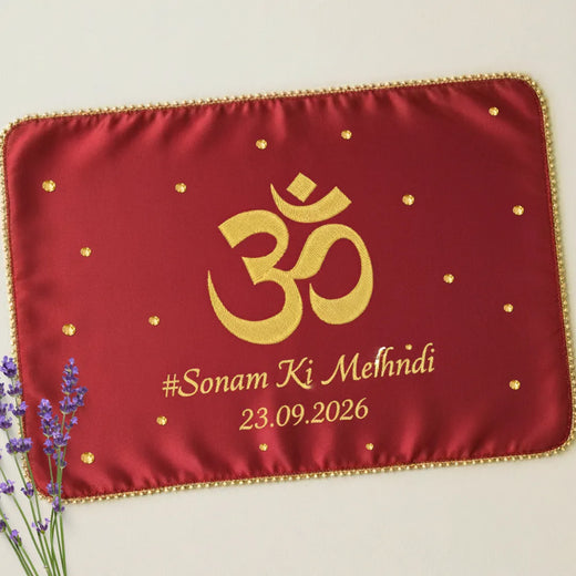 Red Om Motif Mehendi Mat With 2 Line Text