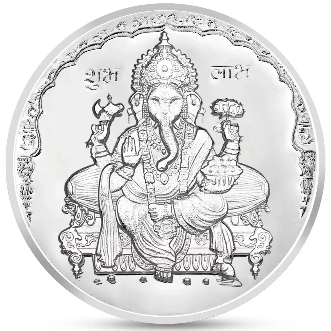 Ganesh Ji, Silver Finish, Round Shape, Single (1 Gram), Box Packaging, 999 Purity Silver Coin - Ready To Ship