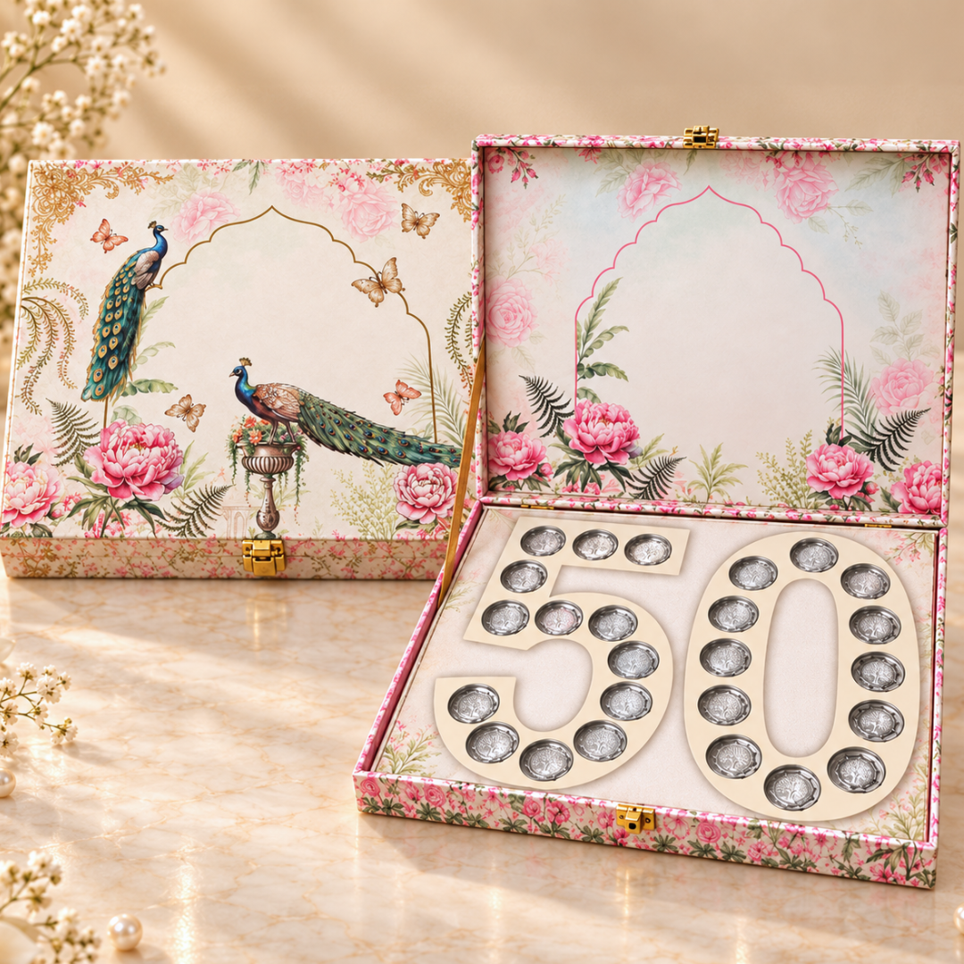 Celebration Peacock Design 25 Coin Box, Banyan Tree Design, Star Shape - Set of 25 Coins (2 g Each, Total 50 g)