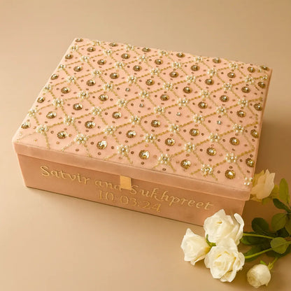 Baby Pink Velvet 2-In-1 Chooda & Kaleera Box - Customize Logo, Names, Dates, Hashtags Or Initials (Box Only)