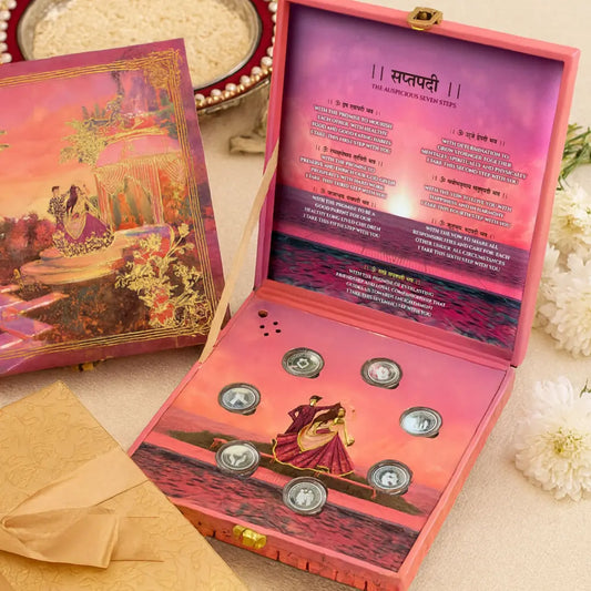 Musical 7 Vachan (7 Vows) Pink Wedding Coin Box, UV Printed, Round Shape, Set of 7 Coins (3 Gram Each), 999 Purity – Ready to Ship