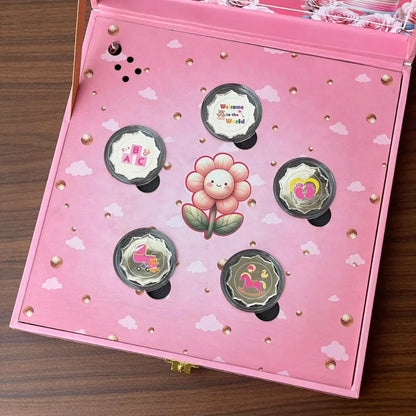 Musical Baby Girl Coin Box, UV Printed, Round Shape, Set of 5 Coins, (2 Gram Each), 999 Purity - Ready To Ship