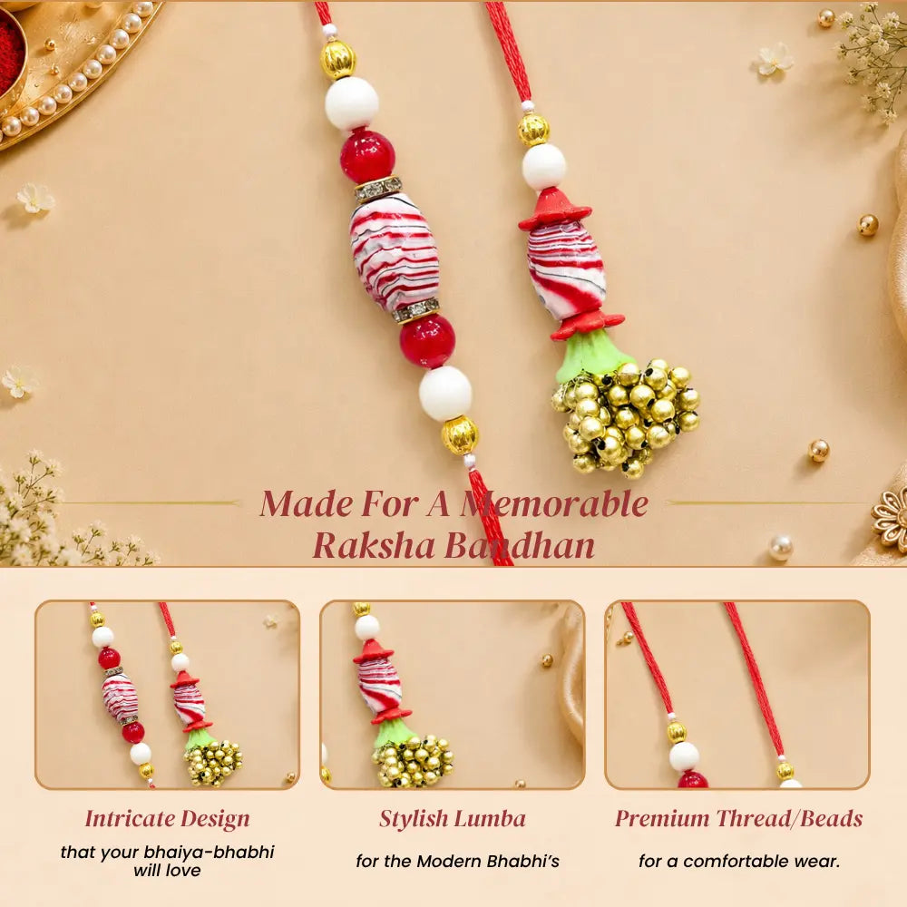 Pair Rakhi - Red Flower and White Beads Golden Bunch