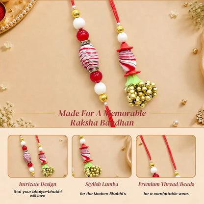 Pair Rakhi - Red Flower and White Beads Golden Bunch