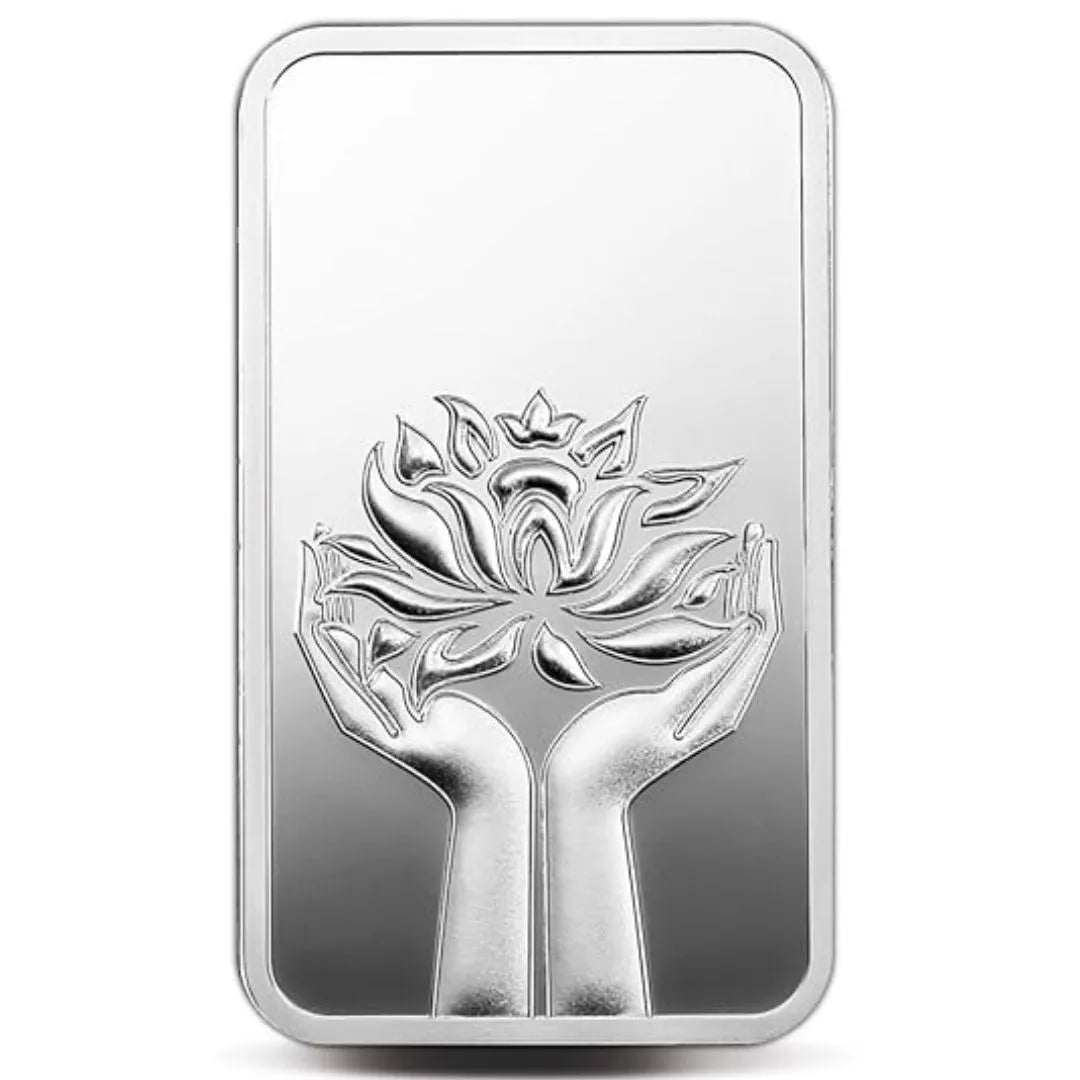 MMTC Lotus In Hand, Silver Finish, Bar Shape, Single (50 Gram), 999 Purity Silver Coin - Ready To Ship