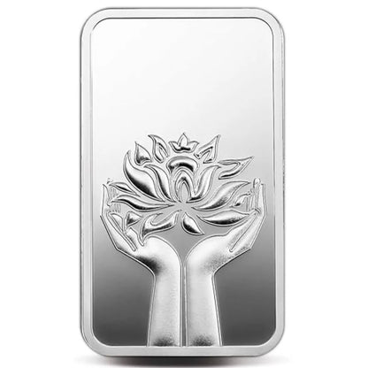 MMTC Lotus In Hand, Silver Finish, Bar Shape, Single (50 Gram), 999 Purity Silver Coin - Ready To Ship