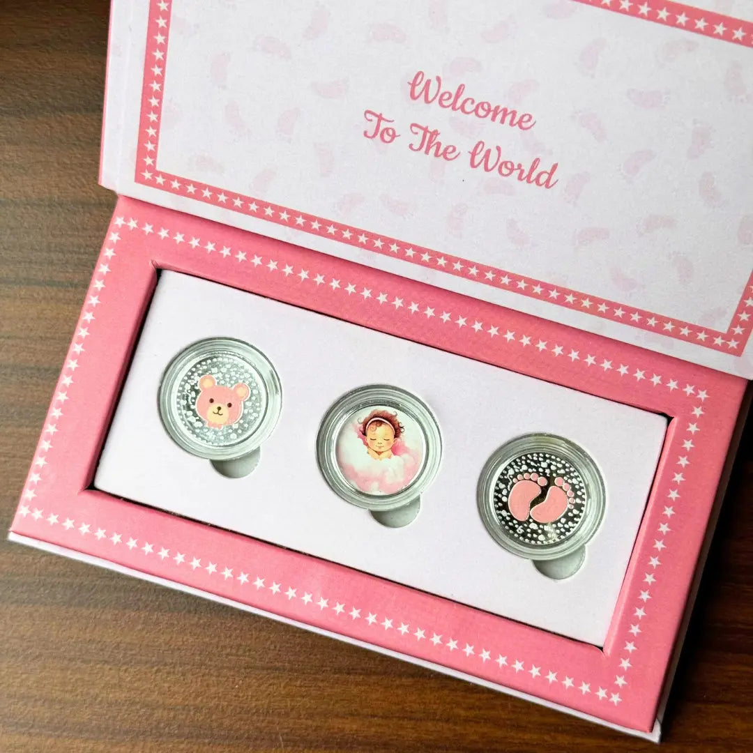 Welcome Little Princess Pink Baby Girl UV Silver Coin Box Set (3 Coins x 1gm Each)