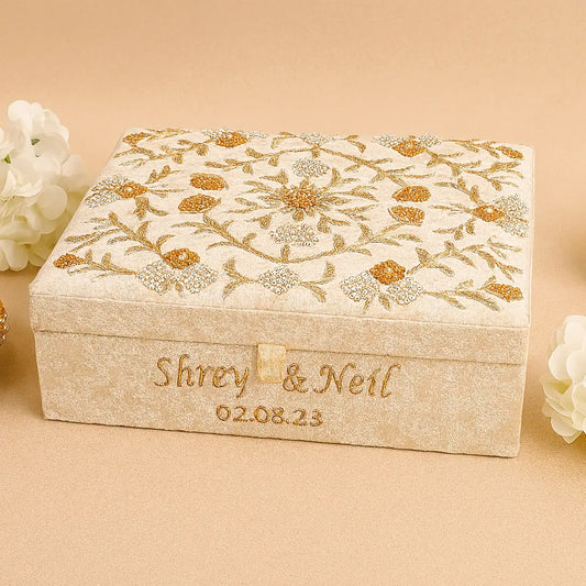 White & Golden Chooda Box With Golden Vine Design - Customize Logo, Names, Dates, Hashtags Or Initials