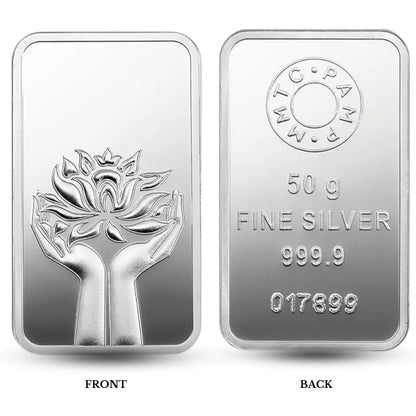 MMTC Lotus In Hand, Silver Finish, Bar Shape, Single (50 Gram), 999 Purity Silver Coin - Ready To Ship