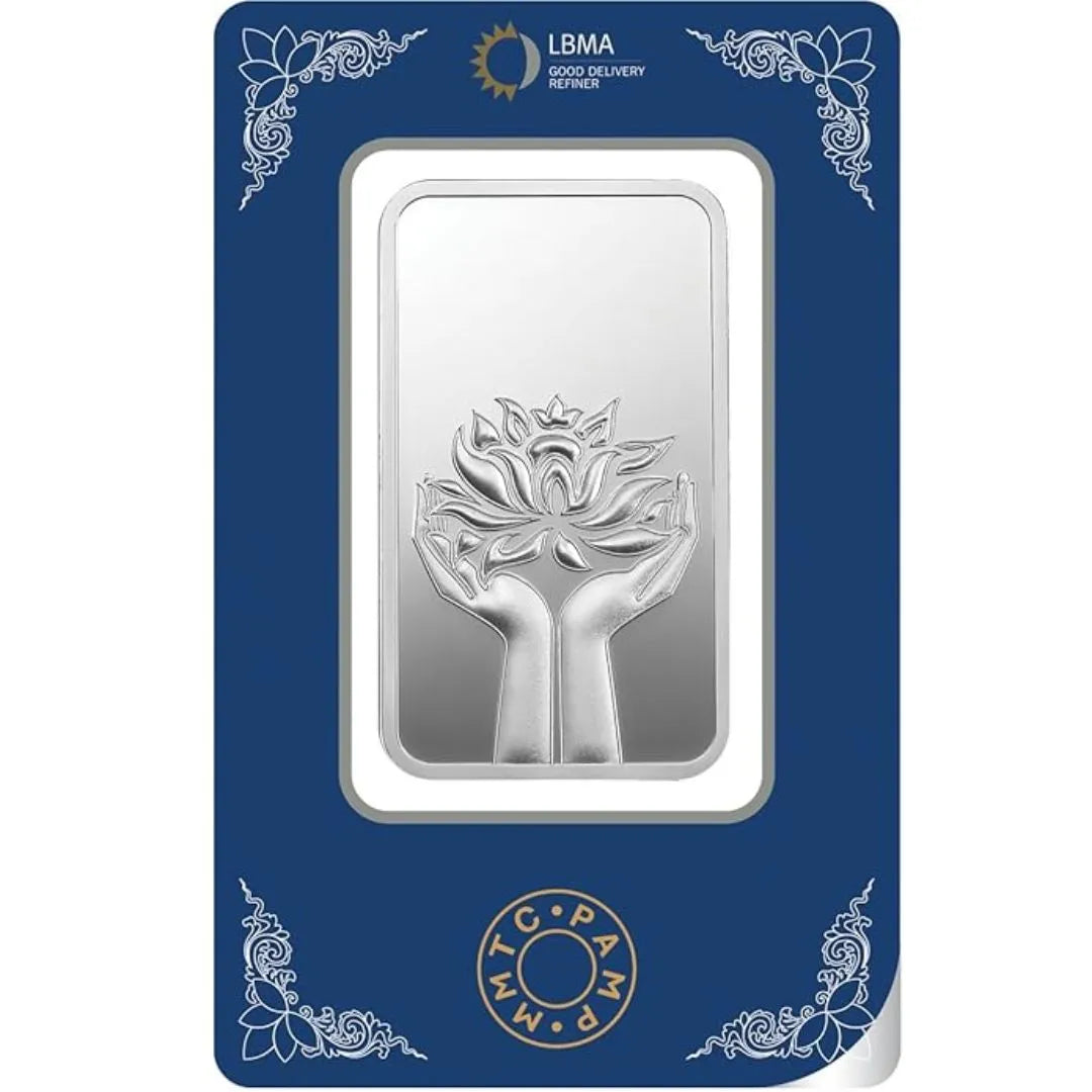 MMTC Lotus In Hand, Silver Finish, Bar Shape, Single (50 Gram), 999 Purity Silver Coin - Ready To Ship