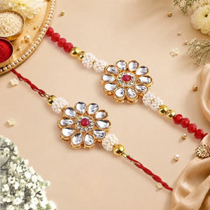 Pair Rakhi -Beatiful Design Kundan Flower Pearl and Beads