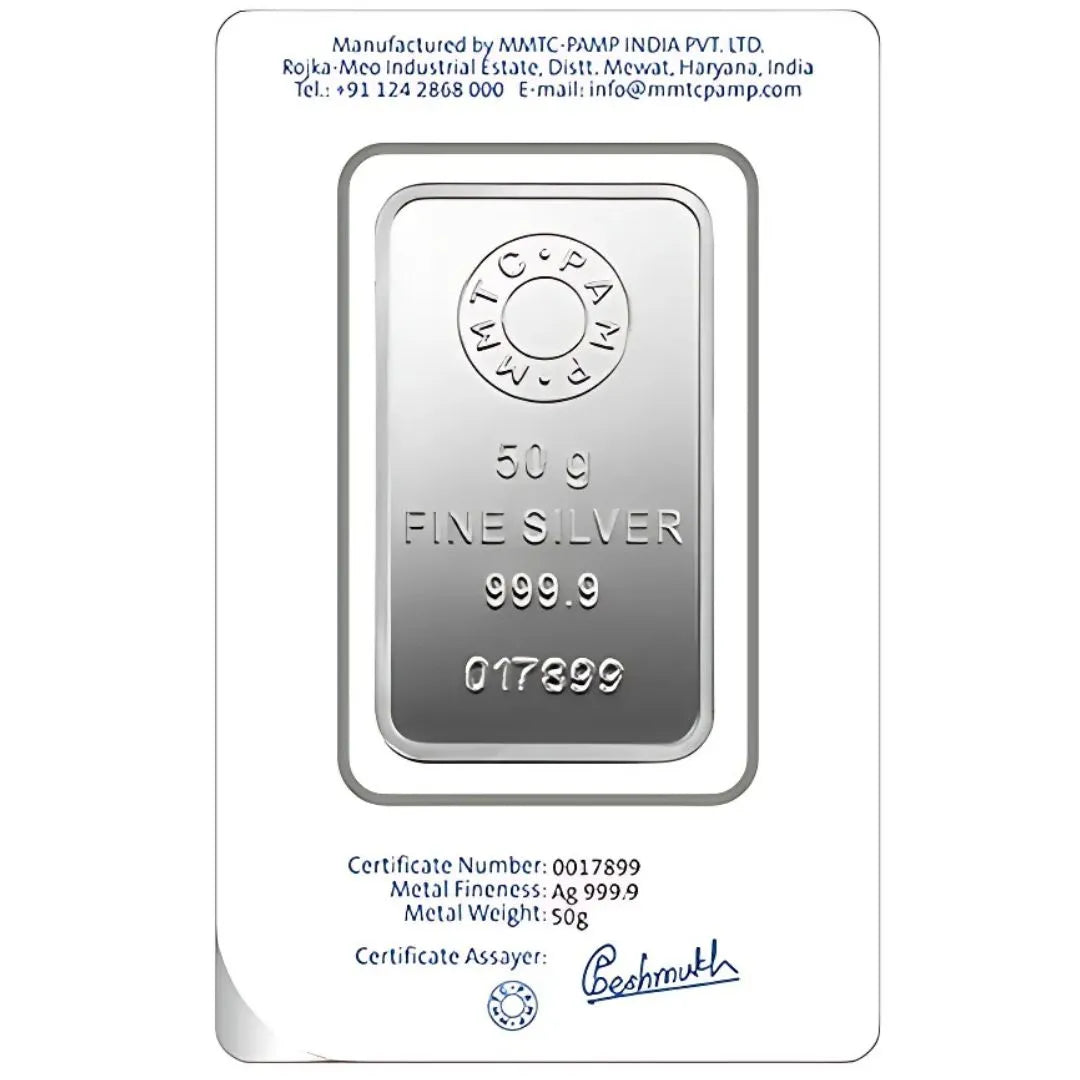 MMTC Lotus In Hand, Silver Finish, Bar Shape, Single (50 Gram), 999 Purity Silver Coin - Ready To Ship