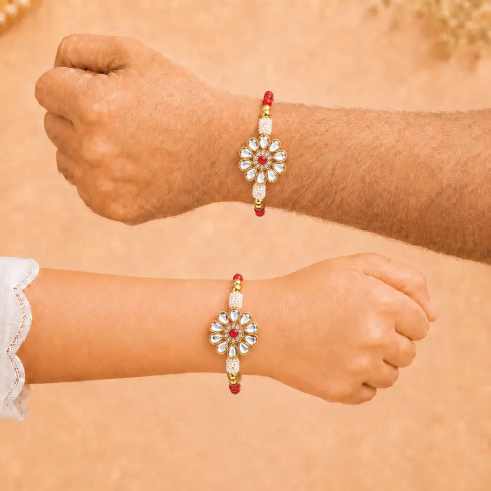Pair Rakhi -Beatiful Design Kundan Flower Pearl and Beads