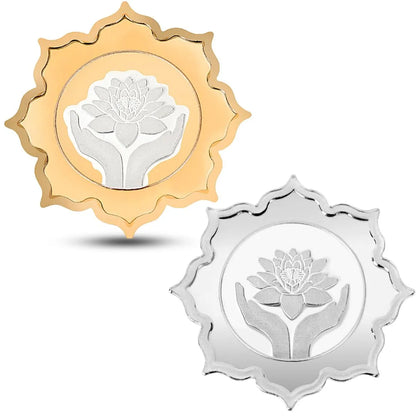 Lotus In Hand Design, Silver & Gold Finish, Lotus Shape, Set of 2 Coins (5 Gram Each), Happy Diwali Packaging, 999 Purity Silver Coin - Ready To Ship